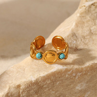 Bague en acier inoxydable avec pierre turquoise naturelle, style bohème estival, tendance pour femme, anneaux ouverts ajustables