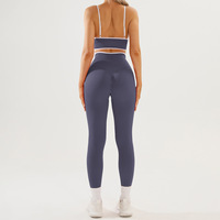 Ensemble de yoga sportif 2 pièces pour femme, col en V, dos nu, color-block, en Spandex/Nylon, séchage rapide, idéal pour la course et le fitness