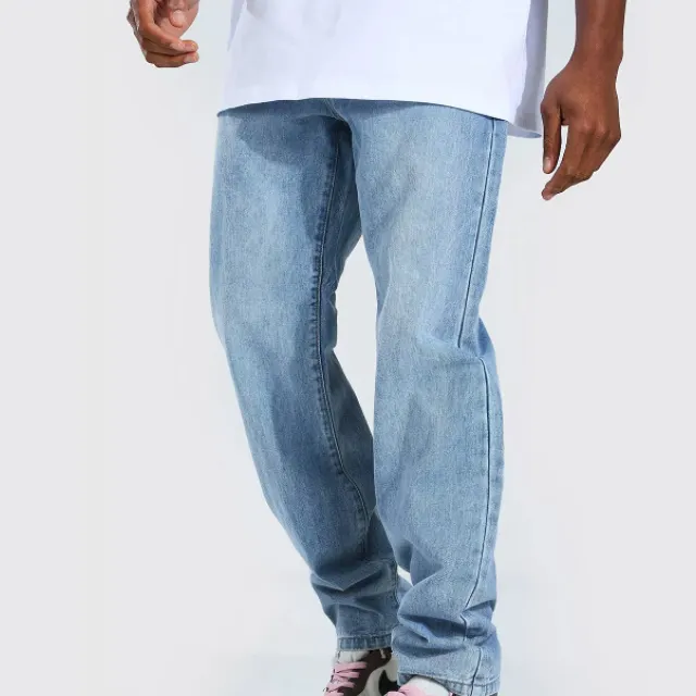Men Blue 4 Way Stretch Washed Custom Logo Loose Straight Leg Pants Streetwear Denim Jeans