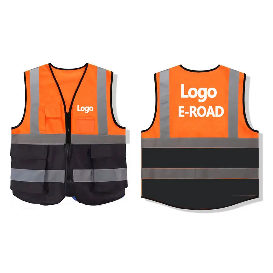 Op Maat Gemaakt Logo Fluorescentie Oranje En Zwarte Stiksels Reflecterende Veiligheidskleding Vest Met Zak