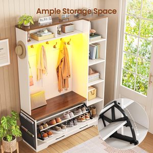 SENYU Farmhouse Entryway <b>Coat</b> <b>Rack</b> <b>with</b> Storage Bench 6 Hooks 5 <b>Shelves</b> Wood Multifunctional Furniture for Home Entryway - Product Image 5