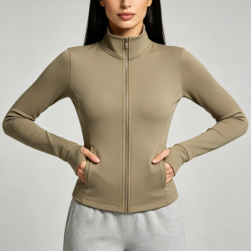 Women Front Zipper Pocket Yoga Jacket Long Sleeve Lightweight Breathable Four-Way Stretch Fitness Top Outdoor Sports Wear Plus