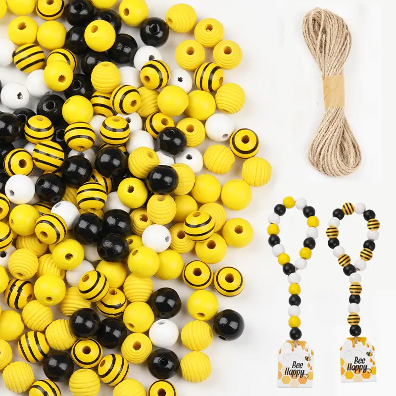200pcs Bee Wood Beads Decorative Colorful Painted Yellow Black and White Bee Wooden Beads for DIY Craft Spring Summer Fall