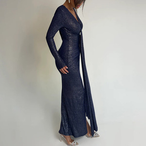 European American Style V Neck Long Sleeve Slit Maxi Dress Women Elegant Sexy Tight Fitting Full Length Evening Gown - Product Image 4