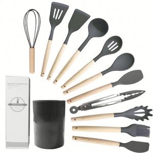 High Quality Eco-Friendly Food Grade <b>Silicone</b> Utensils Set Wooden Handle Heat Resistant Dishwasher Safe Customized Color - Product Image 5