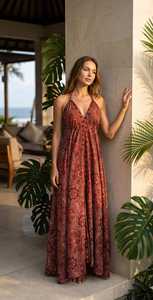 Burgundy Floral Woven <b>Silk</b> Chiffon V-neck Natural Waistline A-Line Mermaid Hem Floor-Length Boho Festival Summer Resort <b>Dress</b> - Product Image 6