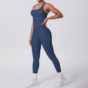 PASUXI Set da allenamento in palestra da donna con top a vita alta senza schiena e vita alta senza cuciture abbigliamento Yoga con Logo frontale solido - Product Image 3