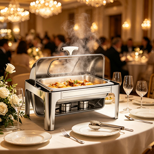 Plat <span class=keywords><strong>de</strong></span> service rectangulaire en acier inoxydable Oulu, durable et personnalisé, avec couvercle roulant et fenêtre visible, chauffe-plats pour buffet <span class=keywords><strong>de</strong></span> mariage - Product Image 3