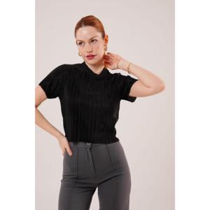 Lustrin Women's Ribbed Short Sleeve <b>Shiny</b> Black Blouse - Wholesale Fashion <b>Top</b> for Casual Wear, Available in S, M, L Sizes - Product Image 1