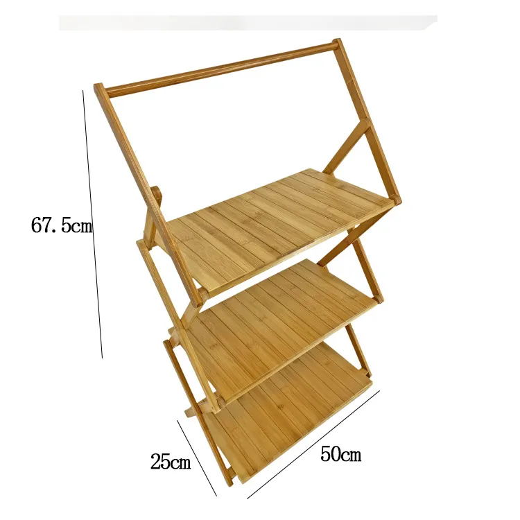 Factory Hot Sale Hiking Outdoor camping wood hanging rack 4-Tier Folding Multi Layer Beach Picnic Camping Shelvs with handle