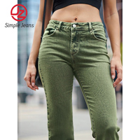 Jean en denim vert olive taille basse pour femme, coupe droite, très extensible, coupe ample, ourlet évasé vintage, style urbain, grandes tailles