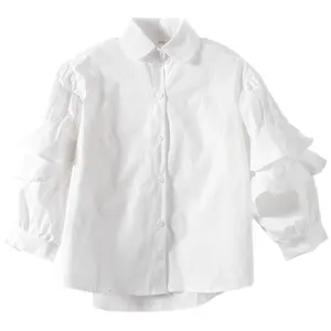Blusa manga longa com babado para crianças, camisa branca para meninas com gola virada para baixo, 5-15 anos, novo, 2023