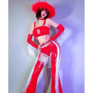 Bar Gogo Bühnen-Tanzkostüm DS Rote Fransen 100% Polyester Schlaghose Sexy Tanz BGO Sängerin Show - Product Image 2