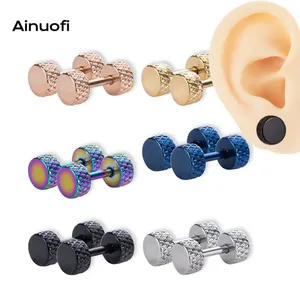 2023 best quality unique metallic rainbow blue stainless steel punk earrings round barbell earrings stud for women