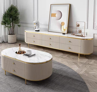 Meuble TV blanc de luxe moderne, ensemble table basse, pieds en acier inoxydable doré, tiroirs en marbre, meubles de maison pour panneau de salon