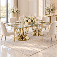Table de banquet rectangulaire haut de gamme en acier inoxydable avec plateau en verre et base à double cage pour la fourniture de projets événementiels