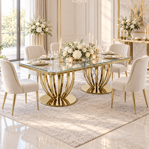 Mesa de Banquete Rectangular de Acero Inoxidable de Alta Gama con Cubierta de Vidrio y Base de Pedestal Doble para Eventos - Product Image 3