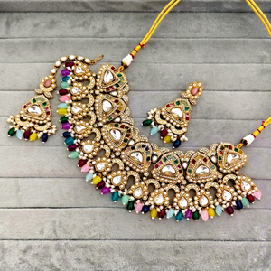 Indian Traditional Antique Gold Plated Kundan Choker Necklace <b>Set</b> Lavender Purple Gemstone Bead Bridal Jewelry <b>Set</b> with Earrings - Product Image 1