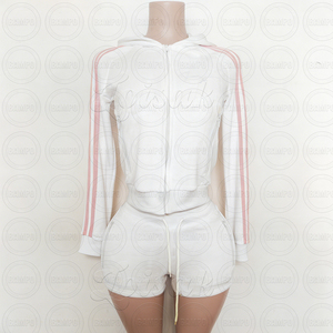 Completo da <span class=keywords><strong>donna</strong></span> <span class=keywords><strong>in</strong></span> velluto a due pezzi con giacca con zip e pantaloncini, design a righe a contrasto, all'ingrosso OEM - Product Image 6