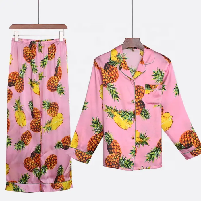 Hot Sale Product Wholesale Luxury Pijamas Long Sleeve Satin Nightgown Pink Printed Pyjama Set WomenのSleepwear Silk Pajamas