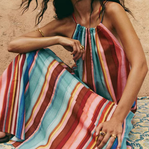 Women's <b>Boho</b> Multicolor Striped Halter Neck Sleeveless Flowy Maxi <b>Dress</b>-Casual <b>Summer</b> Beach Cover-Up Vacation - Product Image 4