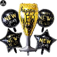 Dekorasi Malam Tahun Baru 2027 Selamat Tahun Baru Bintang Gelas Sampanye Botol Anggur Balon Foil Perlengkapan Pesta Malam Tahun Baru