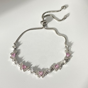 Dainty Adjustable Heart Pink Cubic Zirconia Butterfly <b>Bracelet</b> 18K Gold Plated Pull Chain Daily Wear Jewelry Bulk - Product Image 2