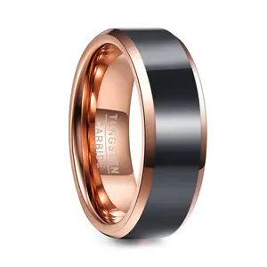 Alin IP Rose Gold Tungsten Aço Casamento Banda Homens Anéis Jóias Centro Superfície Escovado Cor Preta Anel