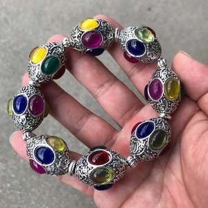 Retro <strong>Tibetan</strong> <strong>Silver</strong> Inlaid with Jade Six-character Maxim Bracelet Punk Lucky Beaded - Product Image 6