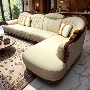 Sofá europeo de cuero tallado con capa superior de piel de vaca, para sala de estar, diseño esquinero europeo sencillo, tamaño noble, mobiliario de madera. - Product Image 3