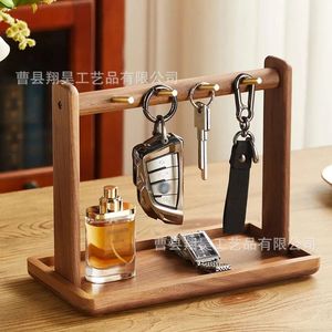Wooden Key Rack Tray Solid Wood Desktop Organizer For Home Entryway Storage With <b>Hooks</b> And Base <b>Shelf</b> - Product Image 2