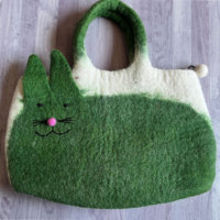 Sac fourre-tout unisexe personnalisé en feutre de laine mérinos écologique avec doublure florale, fermeture éclair, deux poignées et logo chat