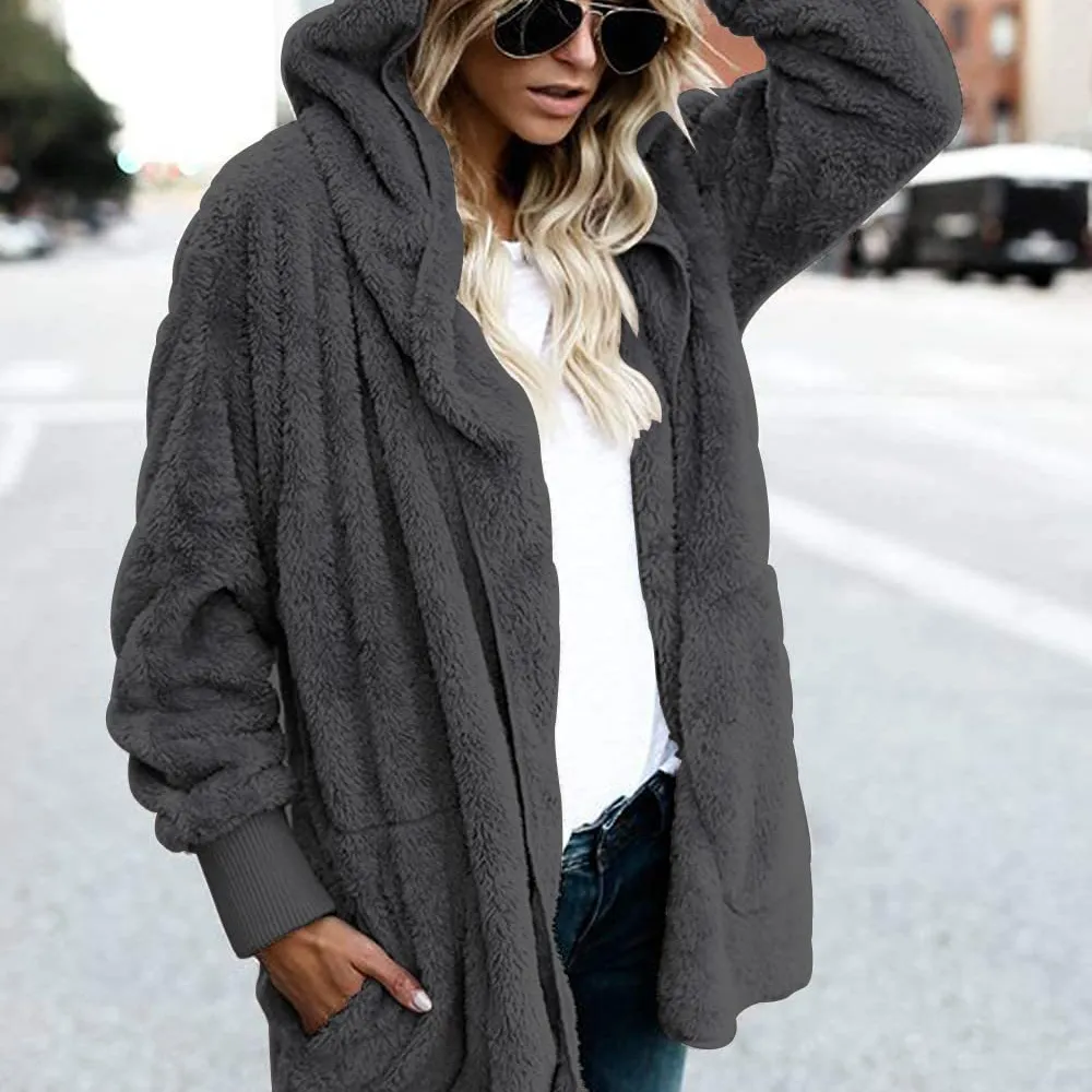 Womens Mùa Đông Dài Tay Áo Rắn Mờ Lông Cừu Dày Mở Phía Trước Trùm Mũ Trùm Mũ Cardigans Áo Khoác Áo Khoác