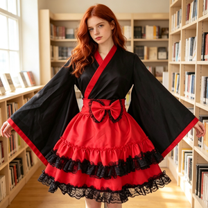 Vestido de cosplay gótico Lolita de mayoraña al por mayor, negro y rojo, <span class=keywords><strong>con</strong></span> mangas tipo <span class=keywords><strong>kimono</strong></span>, tallas personalizadas para Halloween y Comic <span class=keywords><strong>Con</strong></span> - Product Image 5
