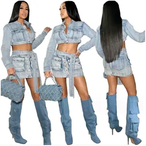 데님 스커트 의상 가을 옷 2023 긴 소매 자르기 재킷 투피스 스커트 세트 여성 섹시한 3D 포켓 진 데님 스커트 세트