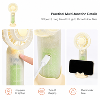 Mini ventilateur portatif rechargeable Type-C coloré, 3 vitesses, lumière LED et support pour téléphone, idéal pour les voyages, l'école, le bureau, les cadeaux