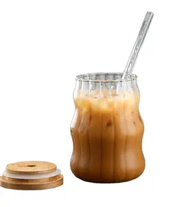 כוס קפה קר מזכוכית בורוסיליקט גבוהה עם מכסה כוס מיץ קש מזכוכית בעבודת יד כוס גלידה