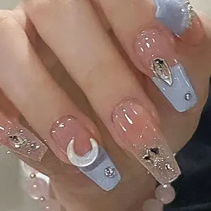 Macaroon Clear Diamond Press On Nail Art Color Matach Star Moon Uñas postizas Gota de agua Uñas artificiales con pegamento y desgaste