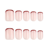 Faux Ongles Prêts à Poser Qualité Export, Manucure Française Rouge Simple, Courts Carrés à Motif Géométrique, pour Nail Art