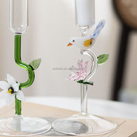 Bougeoir en verre borosilicate haut de gamme, rose, motif floral et oiseaux, romantique, idéal pour la décoration intérieure