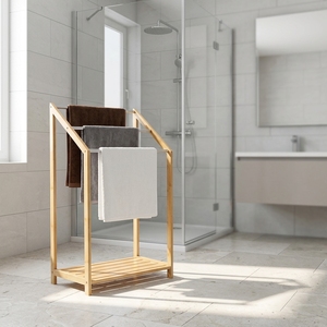 Porte-serviettes autoportant moderne en bambou à 3 niveaux avec étagère <span class=keywords><strong>de</strong></span> rangement inférieure, étagère à serviettes en forme d'échelle naturelle, mobilier <span class=keywords><strong>de</strong></span> <span class=keywords><strong>salle</strong></span> <span class=keywords><strong>de</strong></span> <span class=keywords><strong>bain</strong></span> durable - Product Image 2