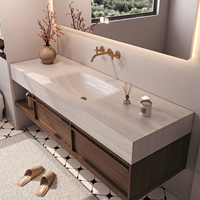 Meuble-lavabo mural en bois au design moderne avec miroir LED intelligent, évier intégré et étagère ouverte
