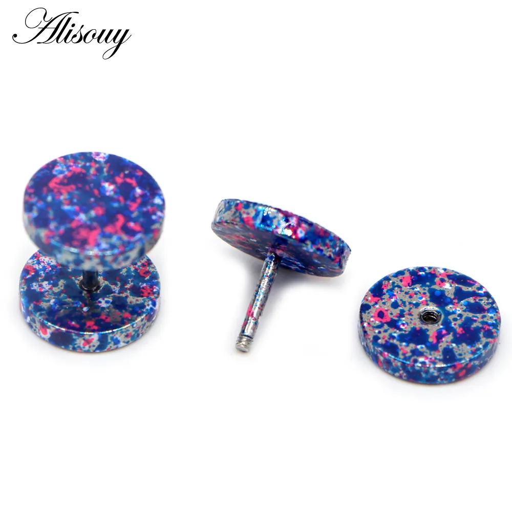 Grosir anting-anting kancing bulat plug telinga keren pria wanita anting-anting kancing bulat 8mm 10mm stainless steel klub malam cat warna permen perhiasan Punk