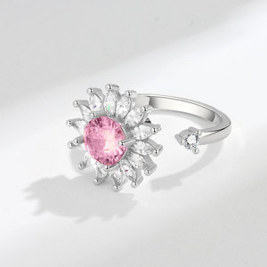 rotating <b>ring</b> anxiety With Spinning Flower Claw <b>Set</b> Round Cut Pink Zirconia Copper <b>Gold</b> Plated none tarnish jewelry For Women - Product Image 2