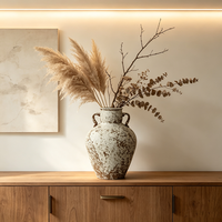 Vase en céramique rustique texturé vieilli à deux poignées, en forme de bulbe, pour la décoration en gros des hôtels et villas - Vente directe usine