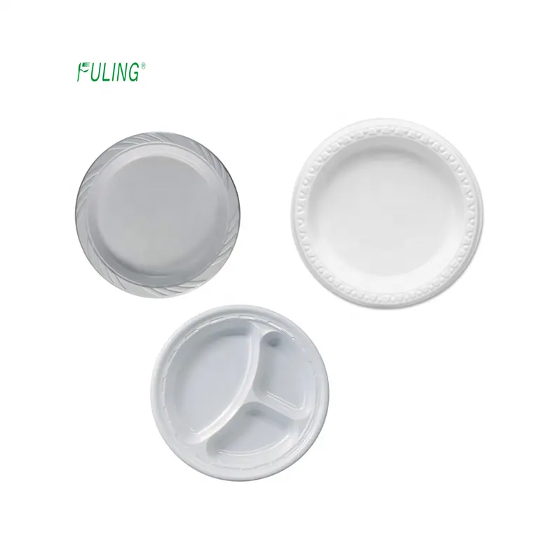 eco friendly white mineral filled platos desechables 9 round dinner pp plates mircrowaveable plastic disposable plate