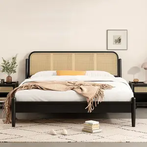 Classic home furniture bedroom solid wooden rattan beds frame king size double bed frame queen design