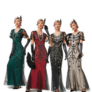 Abito da Donna Lungo da Sera Stile Vintage Anni '20 Grande Gatsby Flapper con Scollo a V Paillettes Perline e Ricami su Rete Traspirante - Product Image 1