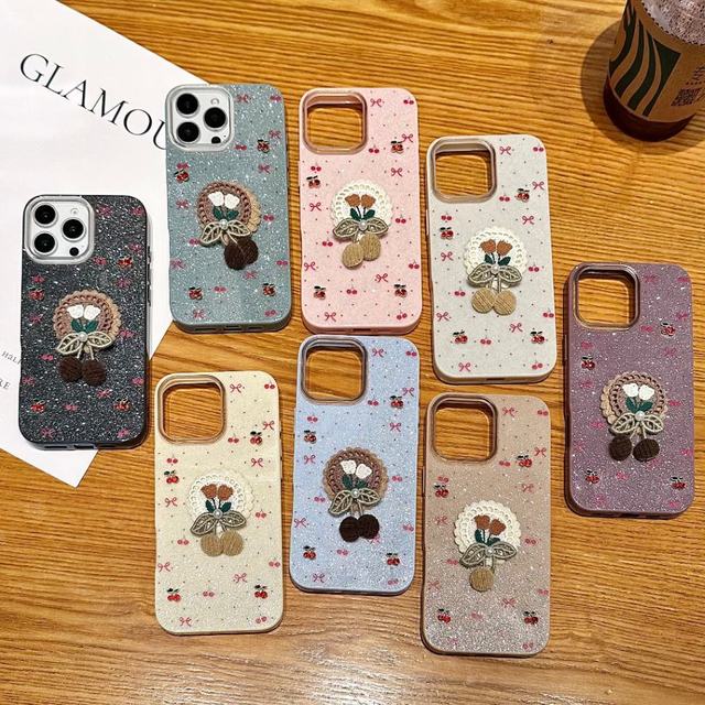 Korean Cute 3D Embroidery Cherry Bowknot Bow Glitter Pattern Hard Case for iPhone 17 18 16 15 14 13 12 11 Pro XR XS Max Cover