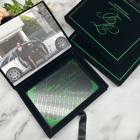 Dossiers d'invitation de mariage élégants faits main en velours noir avec feuille d'or verte, en acrylique et carton gris, artisanat de luxe personnalisé